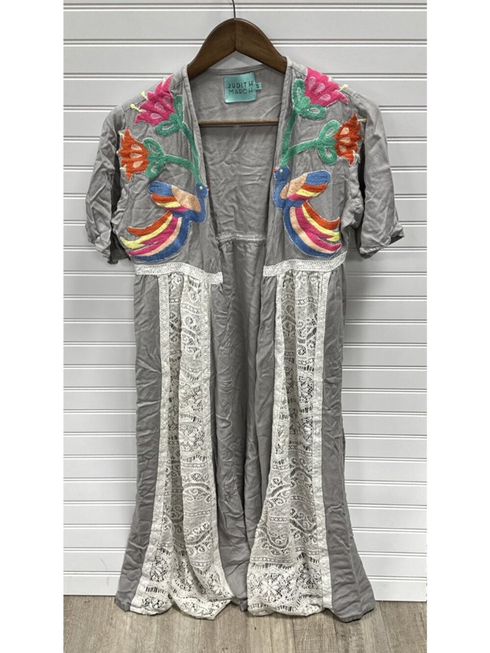 Judith March Womens Sz S Boho Festival Gray Long Kimono Embroided Birds Colorful